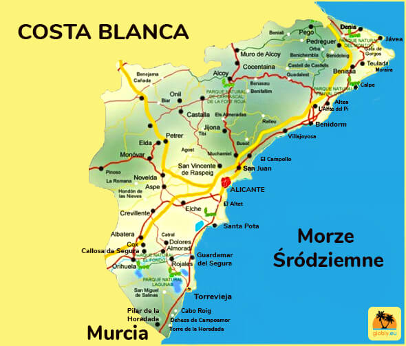 Mapa Costa Blanca - wybrzeża Hiszpanii nad Morzem Śródziemnym