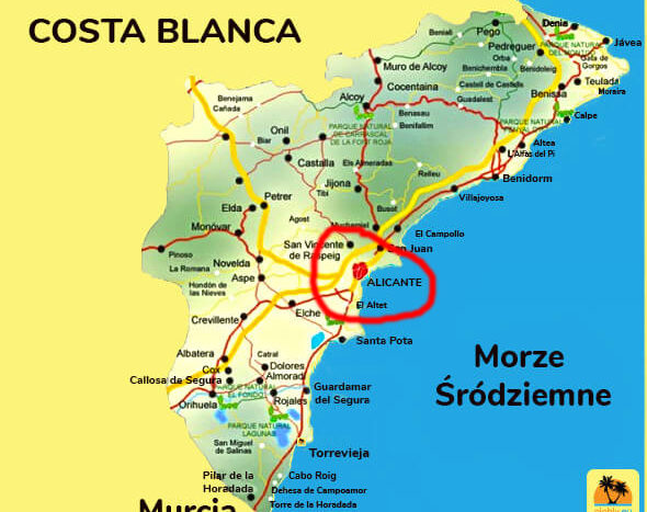 Mapa wybrzeża Costa Blanca.